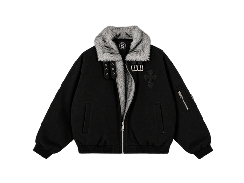 A black bomber jacket with a gray faux-fur collar, featuring a front zipper, silver-tone hardware, a cross patch on the chest, and a zippered sleeve pocket, shown against a plain white background.