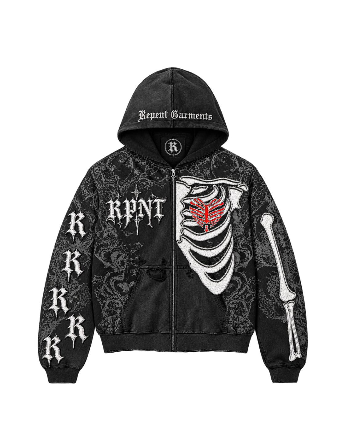 A black zip-up hoodie with gothic-style graphics, featuring 'Repeat Garments' on the hood, 'RPNT' on the chest, 'K' lettering down the sleeves, a white rib cage graphic, and a red cross on the chest.